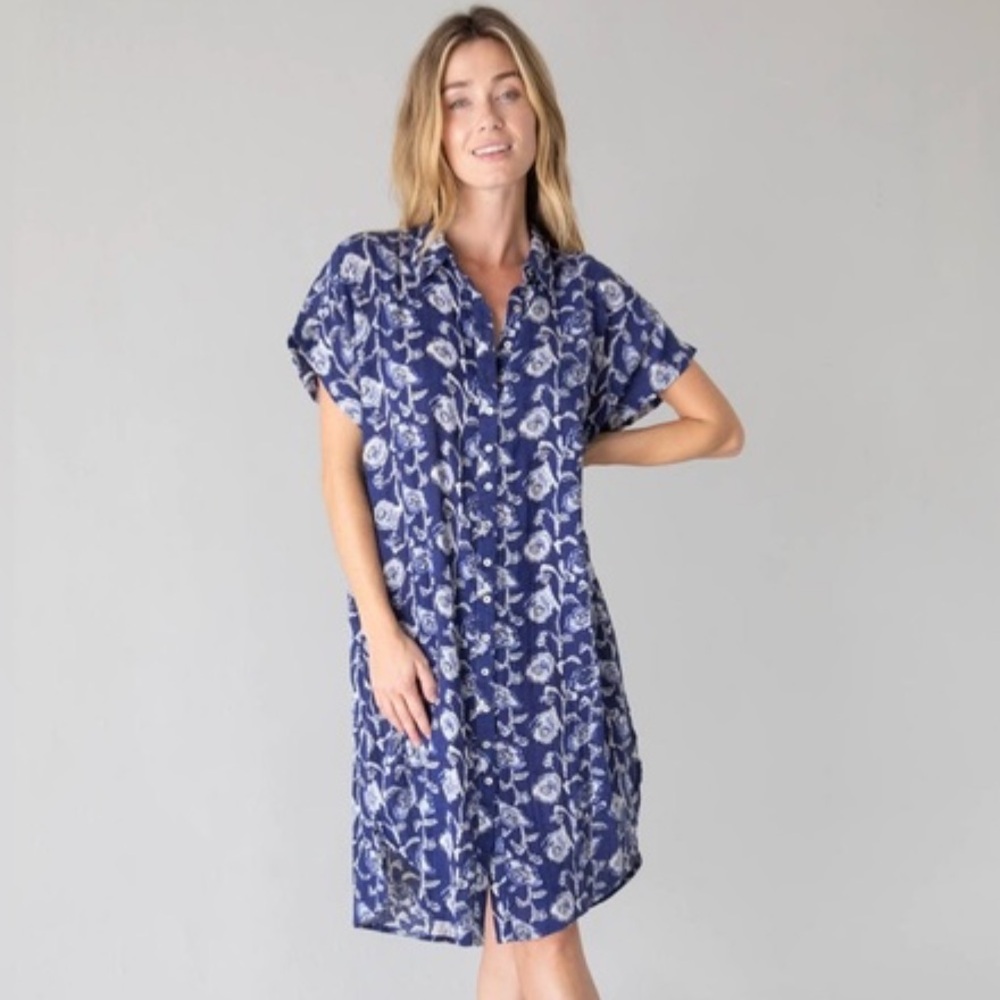 Natural Life Take It Easy Cotton Gauze Midi Dress Blue Floral Shirtdress XS